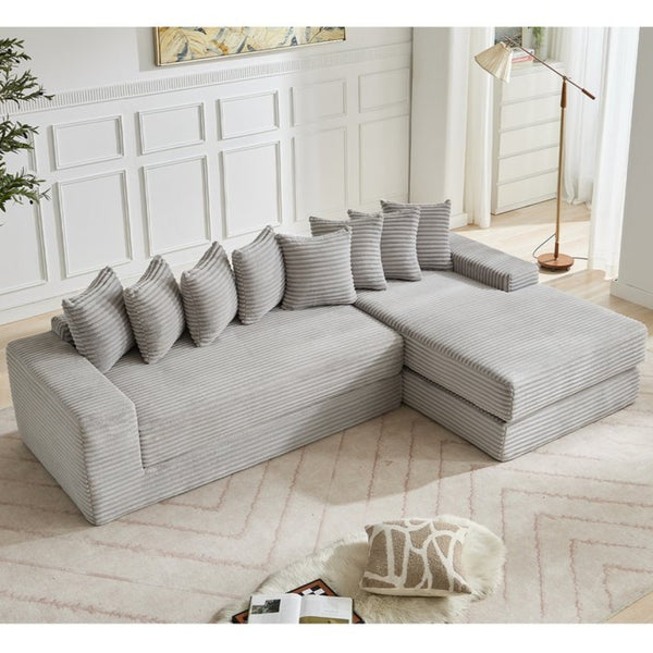 English Elm [new Arrived] Oversized Corduroy L-shape Sectional Converts to Floor Sleeper with Eight Pillows Light Gray Right Facing W2206S00027
