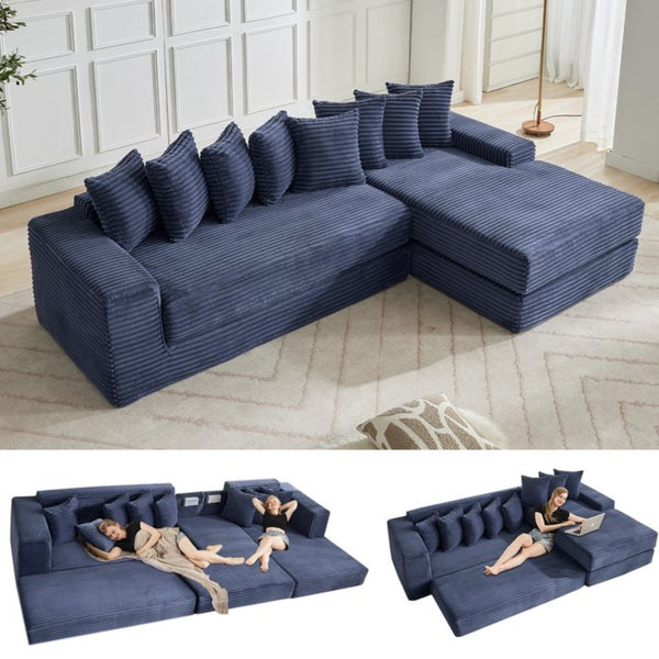 English Elm [new Arrived] Oversized Corduroy L-shape Sectional Converts to Floor Sleeper with Eight Pillows Blue Right Facing W2206S00028