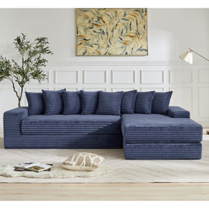 English Elm [new Arrived] Oversized Corduroy L-shape Sectional Converts to Floor Sleeper with Eight Pillows Blue Right Facing W2206S00028