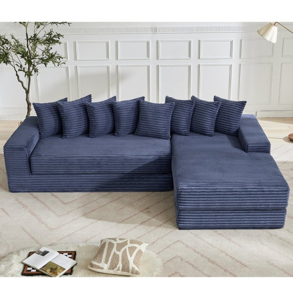 English Elm [new Arrived] Oversized Corduroy L-shape Sectional Converts to Floor Sleeper with Eight Pillows Blue Right Facing W2206S00028