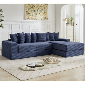 English Elm [new Arrived] Oversized Corduroy L-shape Sectional Converts to Floor Sleeper with Eight Pillows Blue Right Facing W2206S00028
