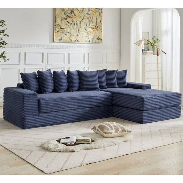 English Elm [new Arrived] Oversized Corduroy L-shape Sectional Converts to Floor Sleeper with Eight Pillows Blue Right Facing W2206S00028