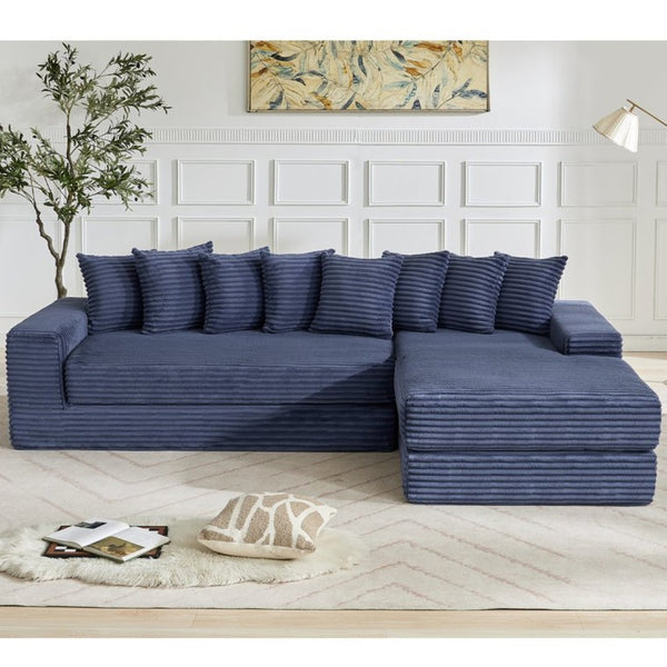 English Elm [new Arrived] Oversized Corduroy L-shape Sectional Converts to Floor Sleeper with Eight Pillows Blue Right Facing W2206S00028