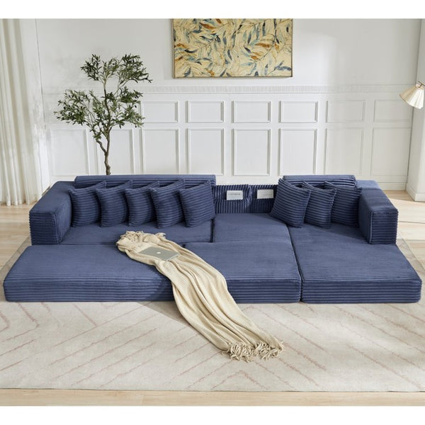 English Elm [new Arrived] Oversized Corduroy L-shape Sectional Converts to Floor Sleeper with Eight Pillows Blue Right Facing W2206S00028