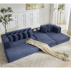 English Elm [new Arrived] Oversized Corduroy L-shape Sectional Converts to Floor Sleeper with Eight Pillows Blue Right Facing W2206S00028