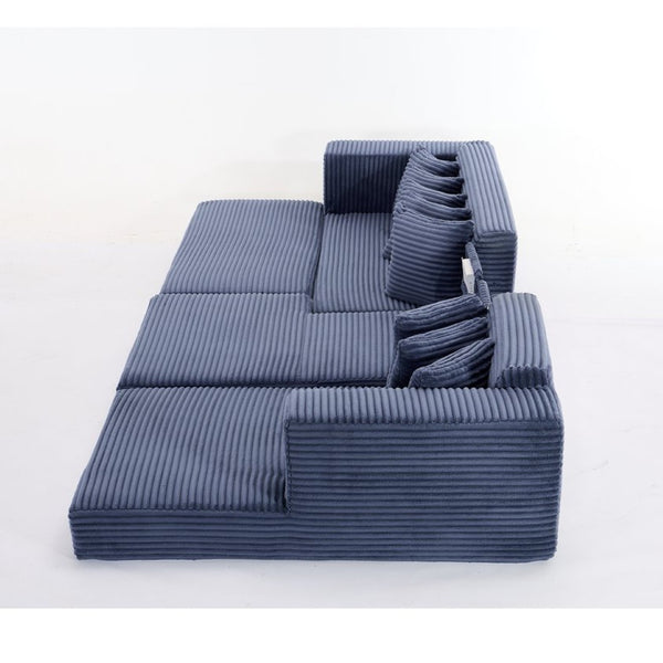 English Elm [new Arrived] Oversized Corduroy L-shape Sectional Converts to Floor Sleeper with Eight Pillows Blue Right Facing W2206S00028