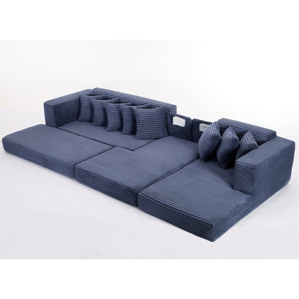 English Elm [new Arrived] Oversized Corduroy L-shape Sectional Converts to Floor Sleeper with Eight Pillows Blue Right Facing W2206S00028