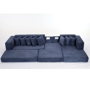 English Elm [new Arrived] Oversized Corduroy L-shape Sectional Converts to Floor Sleeper with Eight Pillows Blue Right Facing W2206S00028