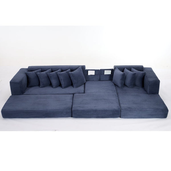English Elm [new Arrived] Oversized Corduroy L-shape Sectional Converts to Floor Sleeper with Eight Pillows Blue Right Facing W2206S00028