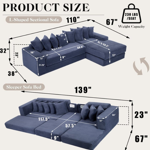 English Elm [new Arrived] Oversized Corduroy L-shape Sectional Converts to Floor Sleeper with Eight Pillows Blue Right Facing W2206S00028