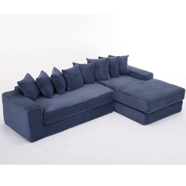 English Elm [new Arrived] Oversized Corduroy L-shape Sectional Converts to Floor Sleeper with Eight Pillows Blue Right Facing W2206S00028