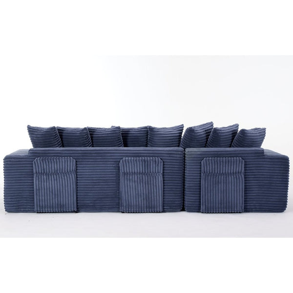 English Elm [new Arrived] Oversized Corduroy L-shape Sectional Converts to Floor Sleeper with Eight Pillows Blue Right Facing W2206S00028