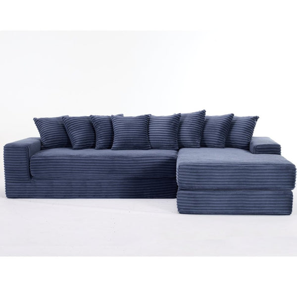 English Elm [new Arrived] Oversized Corduroy L-shape Sectional Converts to Floor Sleeper with Eight Pillows Blue Right Facing W2206S00028