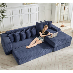 English Elm [new Arrived] Oversized Corduroy L-shape Sectional Converts to Floor Sleeper with Eight Pillows Blue Right Facing W2206S00028