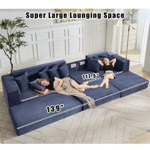 English Elm [new Arrived] Oversized Corduroy L-shape Sectional Converts to Floor Sleeper with Eight Pillows Blue Right Facing W2206S00028
