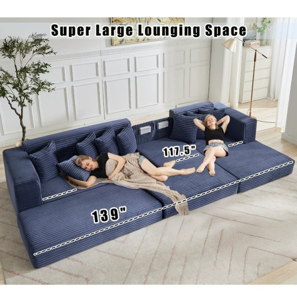 English Elm [new Arrived] Oversized Corduroy L-shape Sectional Converts to Floor Sleeper with Eight Pillows Blue Right Facing W2206S00028