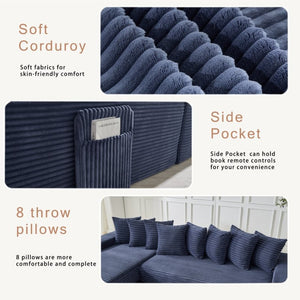 English Elm [new Arrived] Oversized Corduroy L-shape Sectional Converts to Floor Sleeper with Eight Pillows Blue Right Facing W2206S00028