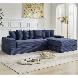 English Elm [new Arrived] Oversized Corduroy L-shape Sectional Converts to Floor Sleeper with Eight Pillows Blue Right Facing W2206S00028