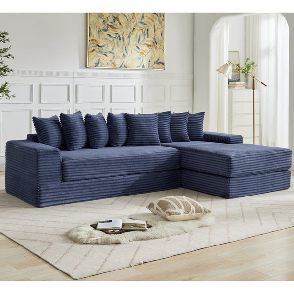 English Elm [new Arrived] Oversized Corduroy L-shape Sectional Converts to Floor Sleeper with Eight Pillows Blue Right Facing W2206S00028