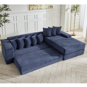 English Elm [new Arrived] Oversized Corduroy L-shape Sectional Converts to Floor Sleeper with Eight Pillows Blue Right Facing W2206S00028
