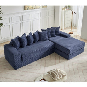 English Elm [new Arrived] Oversized Corduroy L-shape Sectional Converts to Floor Sleeper with Eight Pillows Blue Right Facing W2206S00028
