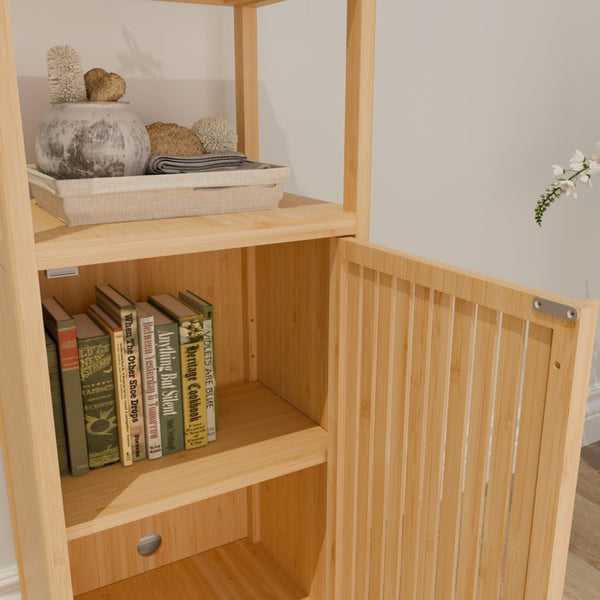 English Elm 41 Inch Bamboo Tower Cabinet with Open Shelves and Door for Bathroom or Bedroom W2207P308723