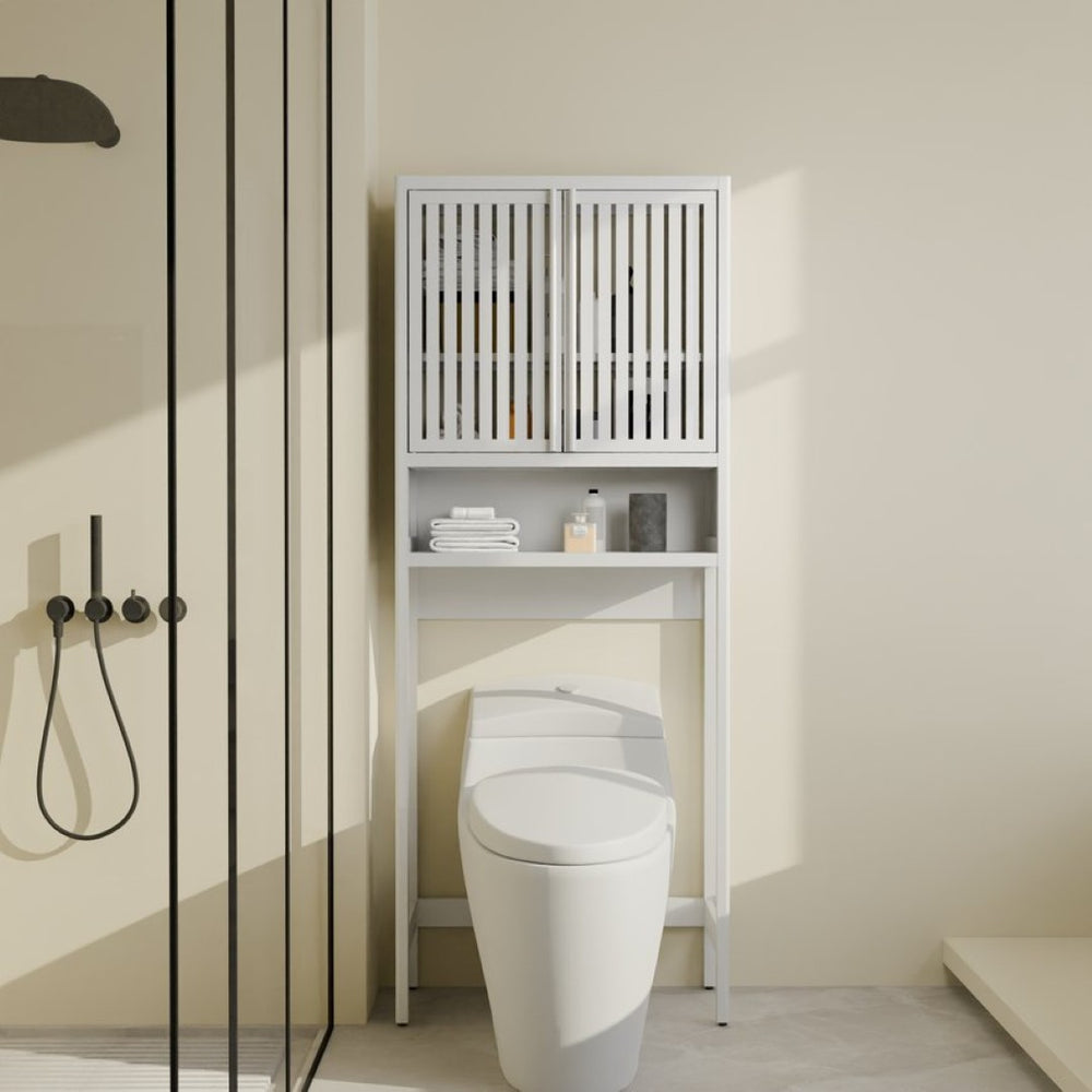 English Elm Toilet Organizer Bamboo Over Tank Cabinet with Louvered Doors for Bathroom Storage W2207P308769