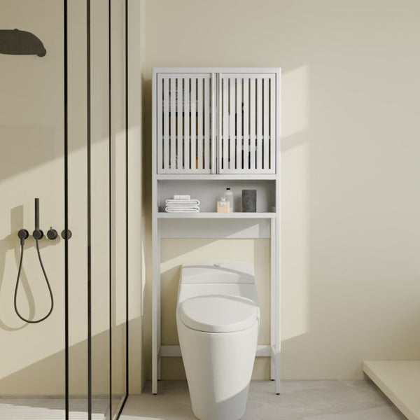 English Elm Toilet Organizer Bamboo Over Tank Cabinet with Louvered Doors for Bathroom Storage W2207P308769