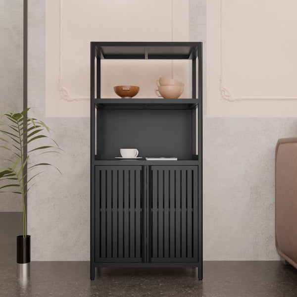 English Elm Black Bamboo Floor Cabinet with Open and Enclosed Shelving for Slim Vertical Storage W2207P327620