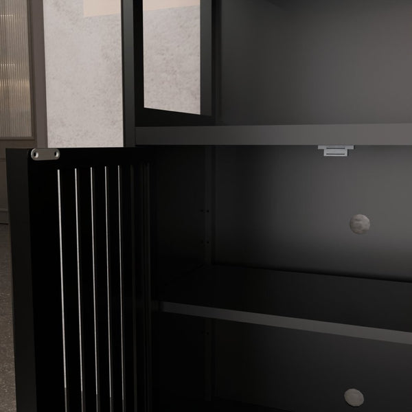 English Elm Black Bamboo Floor Cabinet with Open and Enclosed Shelving for Slim Vertical Storage W2207P327620