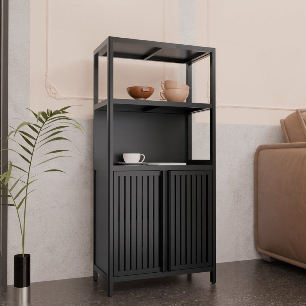 English Elm Black Bamboo Floor Cabinet with Open and Enclosed Shelving for Slim Vertical Storage W2207P327620