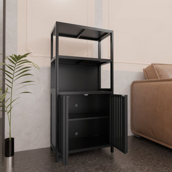 English Elm Black Bamboo Floor Cabinet with Open and Enclosed Shelving for Slim Vertical Storage W2207P327620