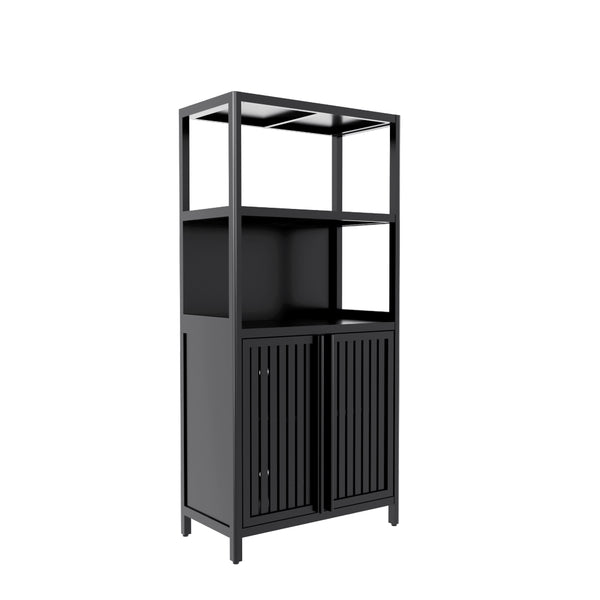 English Elm Black Bamboo Floor Cabinet with Open and Enclosed Shelving for Slim Vertical Storage W2207P327620