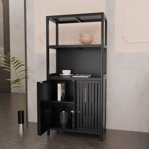 English Elm Black Bamboo Floor Cabinet with Open and Enclosed Shelving for Slim Vertical Storage W2207P327620