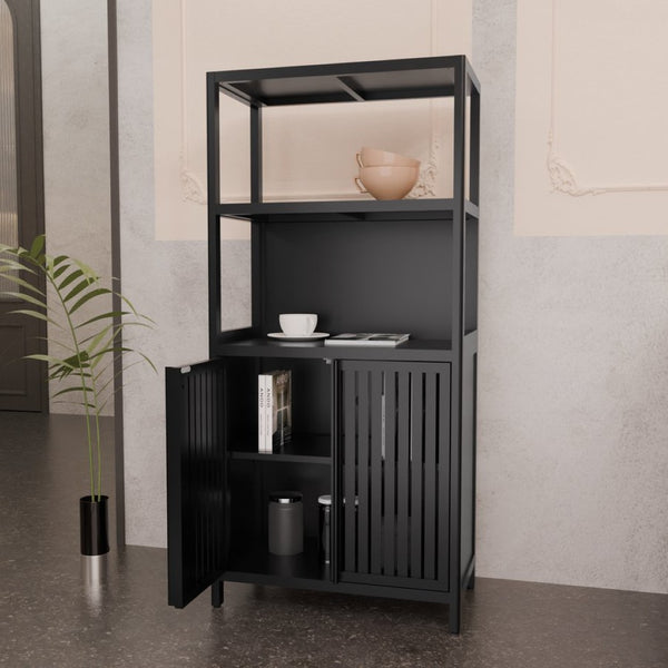 English Elm Black Bamboo Floor Cabinet with Open and Enclosed Shelving for Slim Vertical Storage W2207P327620