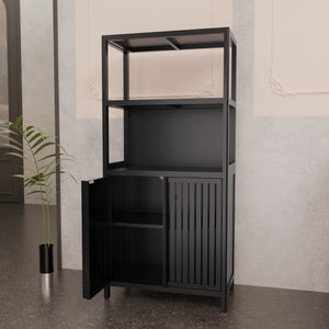 English Elm Black Bamboo Floor Cabinet with Open and Enclosed Shelving for Slim Vertical Storage W2207P327620