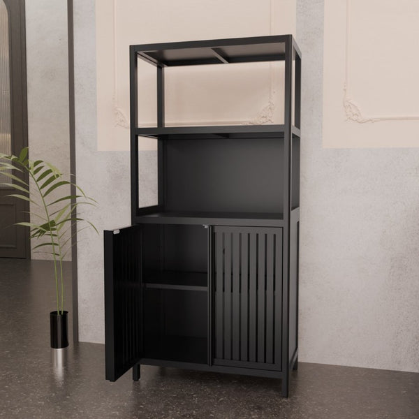 English Elm Black Bamboo Floor Cabinet with Open and Enclosed Shelving for Slim Vertical Storage W2207P327620