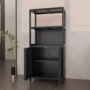 English Elm Black Bamboo Floor Cabinet with Open and Enclosed Shelving for Slim Vertical Storage W2207P327620