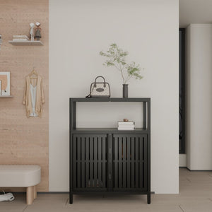 English Elm Black Bamboo Floor Cabinet with Louvered Doors for Bathroom or Living Room Storage W2207P327622