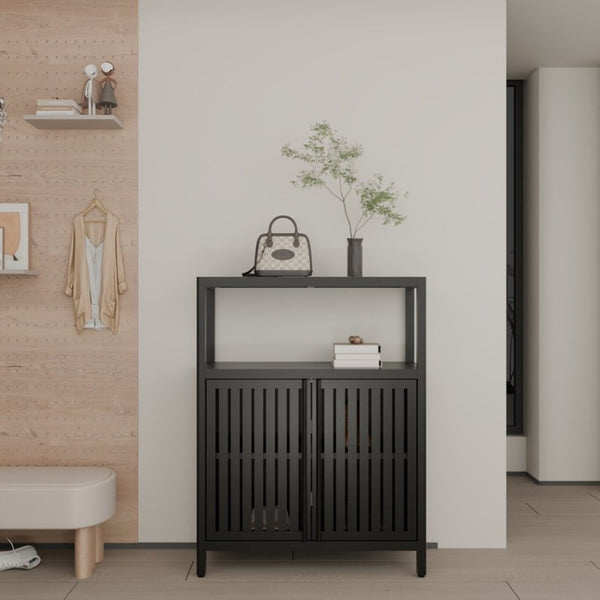 English Elm Black Bamboo Floor Cabinet with Louvered Doors for Bathroom or Living Room Storage W2207P327622