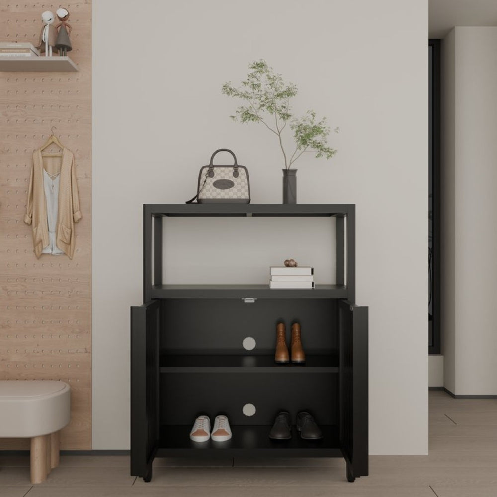 English Elm Black Bamboo Floor Cabinet with Louvered Doors for Bathroom or Living Room Storage W2207P327622