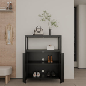 English Elm Black Bamboo Floor Cabinet with Louvered Doors for Bathroom or Living Room Storage W2207P327622