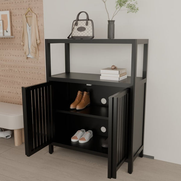 English Elm Black Bamboo Floor Cabinet with Louvered Doors for Bathroom or Living Room Storage W2207P327622