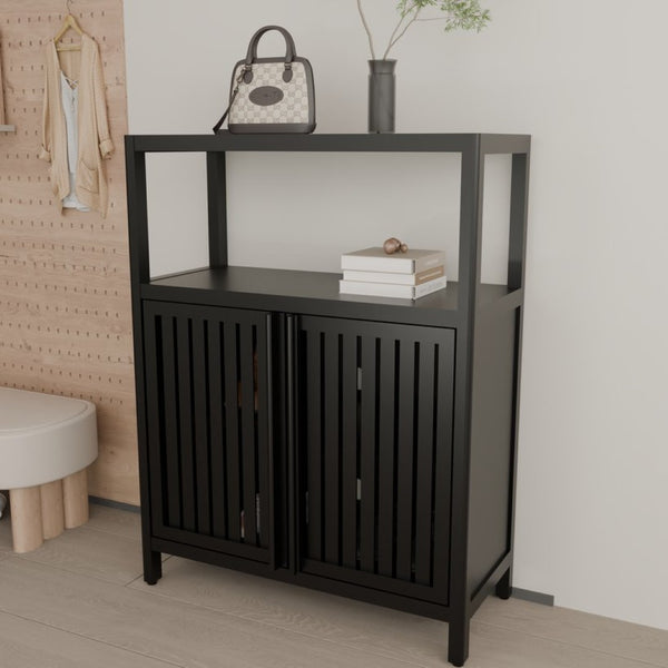 English Elm Black Bamboo Floor Cabinet with Louvered Doors for Bathroom or Living Room Storage W2207P327622