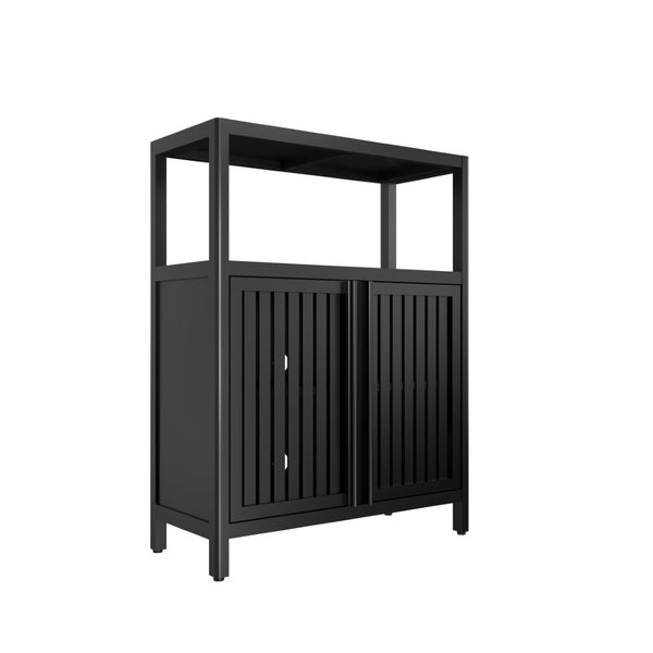English Elm Black Bamboo Floor Cabinet with Louvered Doors for Bathroom or Living Room Storage W2207P327622