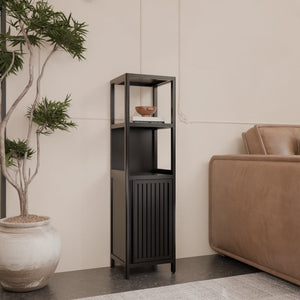 English Elm A Slim Bamboo Linen Tower with Open Shelves and Cabinet for Bathroom or Bedroom W2207P327623