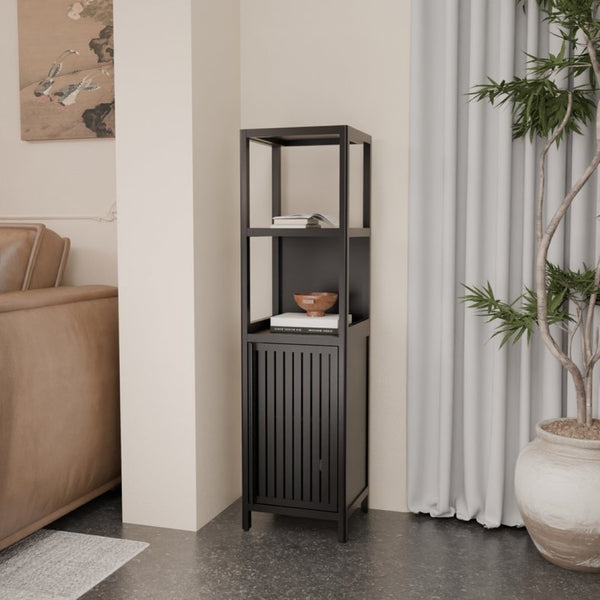 English Elm A Slim Bamboo Linen Tower with Open Shelves and Cabinet for Bathroom or Bedroom W2207P327623
