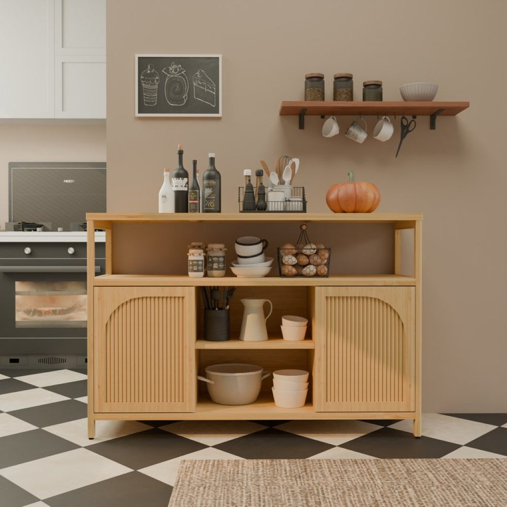 English Elm Bamboo Sideboard with Open Shelving and Cabinet Storage for Bath or Living Room W2207P334020