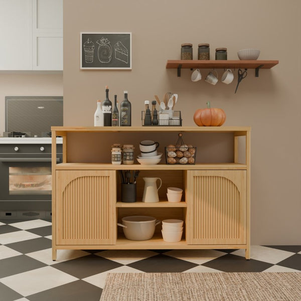 English Elm Bamboo Sideboard with Open Shelving and Cabinet Storage for Bath or Living Room W2207P334020