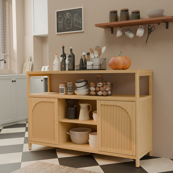 English Elm Bamboo Sideboard with Open Shelving and Cabinet Storage for Bath or Living Room W2207P334020